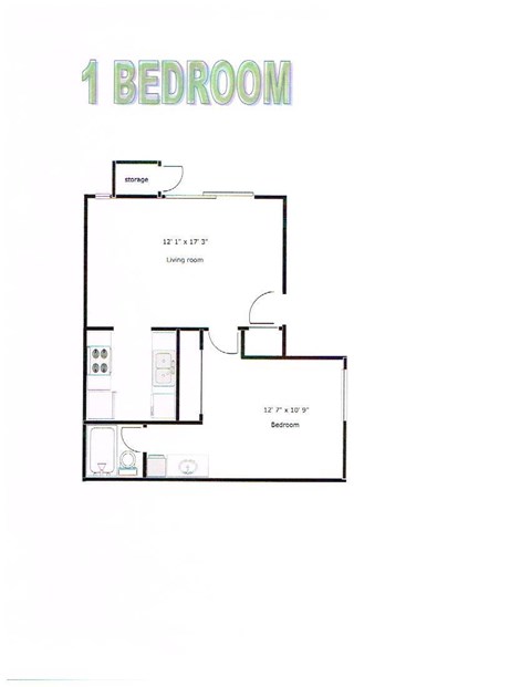 Floor plan for 1 bed, 1 bath, 569 sqft